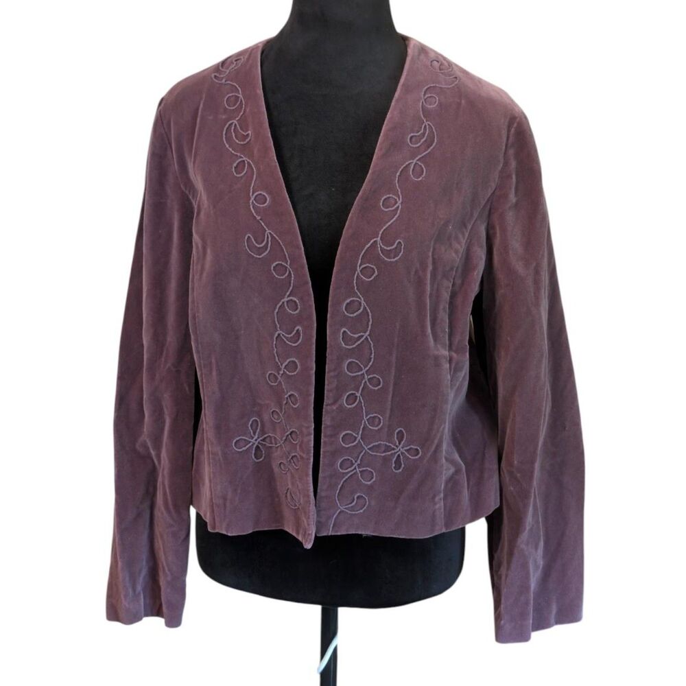 Vintage Cos Cob Embroidered Velvet Open Front Kimono Jacket Mauve Purple 13/14